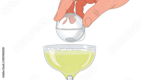 A hand lowers a clear, spherical device over a stemmed glass filled with a yellowish liquid. The rim of the glass is coated in a white substance