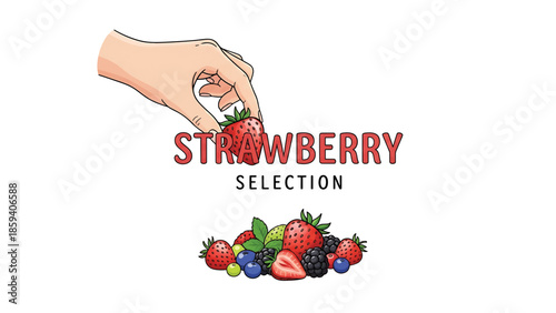 A hand picking a strawberry from a pile of mixed berries, accompanied by the text "Strawberry Selection," all on a white background