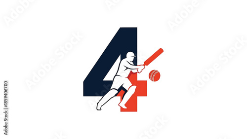 A graphic featuring a cricketer in action, swinging a bat at a ball, integrated with the number four, designed in a bold style on a white background