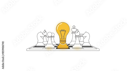 A glowing yellow lightbulb in the center of a chessboard, surrounded by black and white chess pieces. Shows strategy and innovation