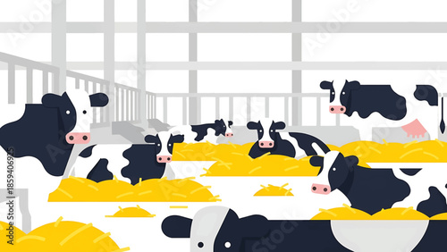 A geometric illustration of several black and white cows in a barn, resting on yellow hay. Background shows structure