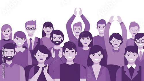 A group of diverse people are enthusiastically showing appreciation. Some clap, and some cheer, expressing happiness. The color scheme is monochrome