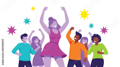 A group of diverse people are dancing joyfully at a party with colorful star shapes scattered around the image