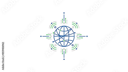A geometric illustration of the globe surrounded by communication elements. Lines and dots connect, symbolizing global connectivity. Blue, green, and gray used