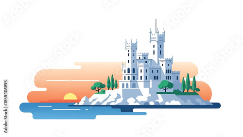 A geometric illustration depicts a white castle on a rocky island at sunset. The sea is blue, sky has orange clouds, trees and the sun