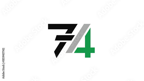 A graphic featuring the numbers 74, designed in a modern, geometric style with three colors on a white background. The number seven is black