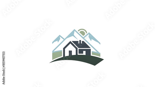 A geometric illustration presents a house nestled between mountains, a subtle sun overhead. The design uses muted tones, suggesting a natural setting