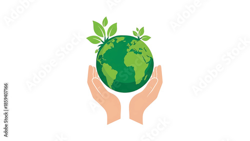 A graphic featuring two hands gently cradling a stylized globe adorned with green foliage. The world map is visible. Simple and symbolic