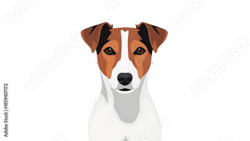 A frontal illustration of a domestic canine with a primarily white coat and brown/black markings, focused directly toward the viewer
