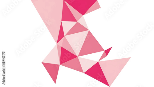 A geometric illustration presents a collection of connected triangular shapes in a gradient of pink hues, floating diagonally