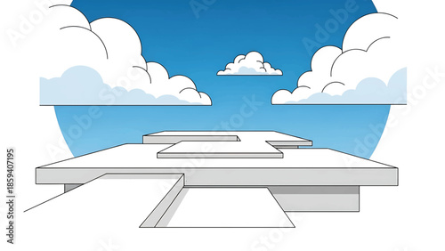 A geometric illustration presents a layered structure in muted tones beneath a blue, textured sky with fluffy clouds. Clean lines define form