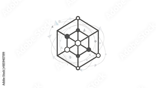 A geometric illustration featuring a cube constructed from lines and nodes, interwoven with circular and triangular elements. The image is rendered in grayscale on a white background