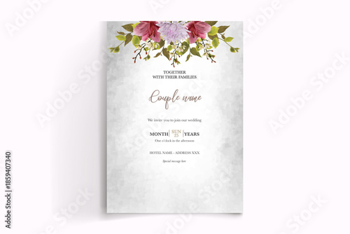 WEDDING INVITATION FRAME WITH FLOWER DECORATIONS AND FRESH LEAVES