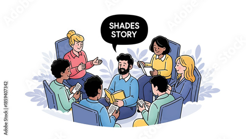 A group of diverse people sit in a circle, some reading books and holding devices, in a community session. Speech bubble