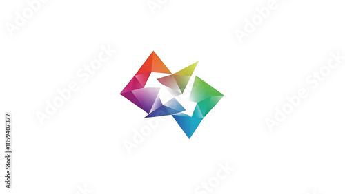 A geometric illustration featuring a set of overlapping, colorful 3D shapes with sharp edges. The design contrasts with a bright white background