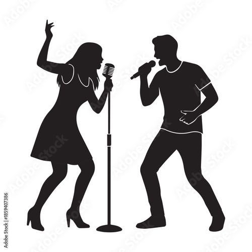 Silhouetted couple passionately performing a duet on stage with microphones