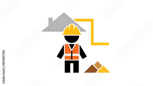 A geometric illustration featuring a worker figure in safety attire, a house outline, and piles of material. A yellow line connects the worker and the house