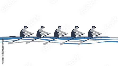 A group of five people rowing a boat. The boat is in the water with abstract water graphics. The people are monochrome