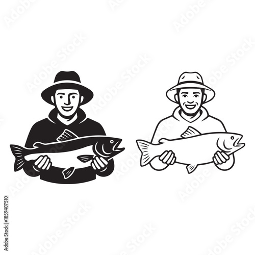 Two fishermen proudly displaying their freshly caught fish in a simple design