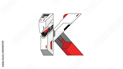 A geometric letter "K" is stylized like a robot, with white, gray, red, and black, against a white backdrop. It has sharp edges and angles