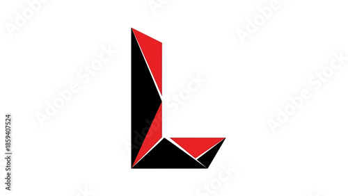 A geometric letter "L" made of sharp, angular shapes, split into red and black colors with a white background