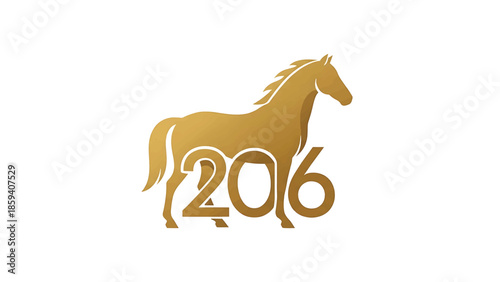 A golden horse silhouette with the year 2016 integrated into its form against a white background, embodying prosperity