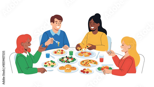 A group of four people, diverse in appearance, gathers around a table laden with food, smiling and conversing. They're enjoying a meal