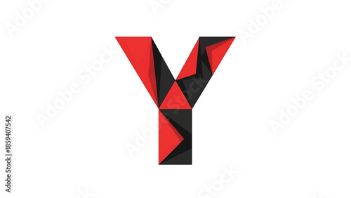 A geometric letter "Y" is presented in red and black triangular facets against a pure white background. The polygons create a modern, abstract visual style