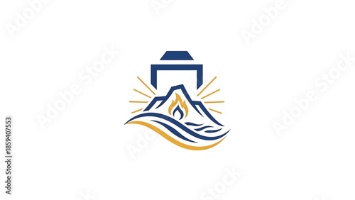 A geometric logo features a mountain range with a flame at its peak. Above it, a stylized structure and sun rays emanate, with flowing water details below