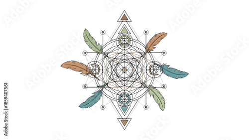 A geometric mandala featuring an intricate network of lines, circles, and triangles. Six stylized feathers are arranged around the design