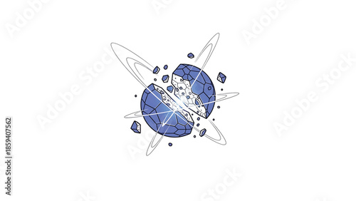 A fragmented blue sphere is breaking apart amidst swirling lines and floating geometric shards, creating a dynamic visual effect