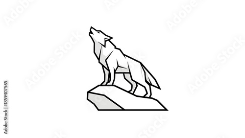 A geometric illustration in grayscale depicting a canine figure on a rock formation, its head raised and mouth open as if howling