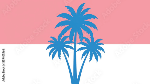 A geometric illustration featuring three stylized palm trees in a vibrant blue against a two-tone background of pink and white, evocative of a tropical scene