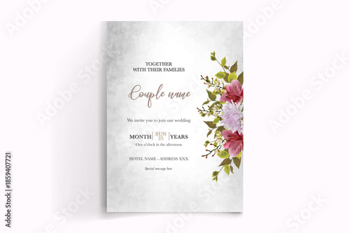 WEDDING INVITATION FRAME WITH FLOWER DECORATIONS AND FRESH LEAVES