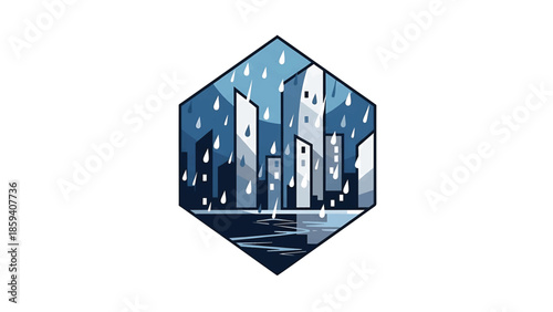 A geometric illustration of a cityscape under rain, enclosed within a blue hexagon shape, with reflections in the water