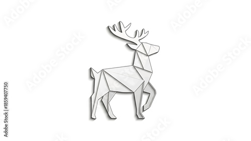 A geometric illustration of a deer, created with white, triangular shapes. It is set against a white backdrop with shadows