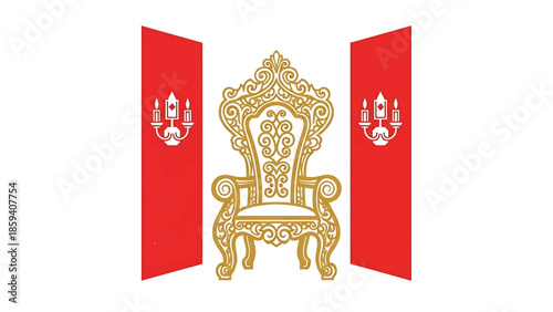 A golden, ornate throne centered on a white background, flanked by two red panels with candelabra icons