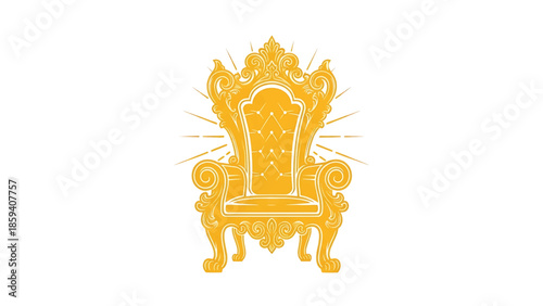 A golden, ornate throne radiates lines on a white background. It has a tufted back and scrolled arms. The image is a simple illustration