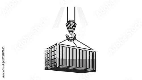 A grayscale illustration of a cargo container suspended by a crane hook. The container is a rectangle with vertical lines