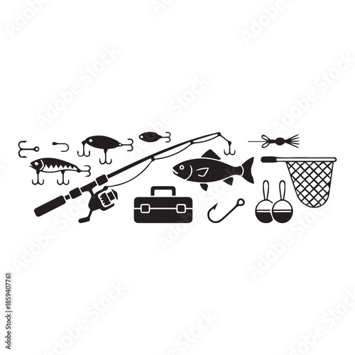 A collection of fishing equipment including rods lures and a tackle box