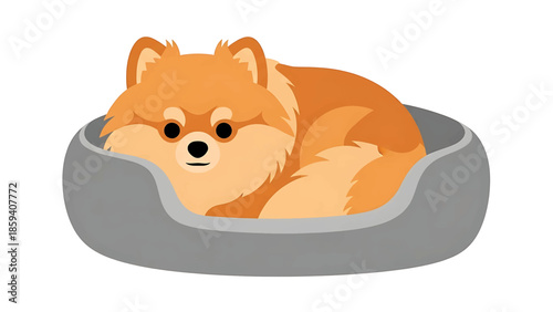 A fluffy, orange-brown pet dog lounges in a gray, cozy bed, with large, black eyes and a small, black nose, a heartwarming scene