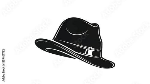 A grayscale illustration of a classic fedora hat, slightly angled, featuring a band and a well-defined brim against a white background