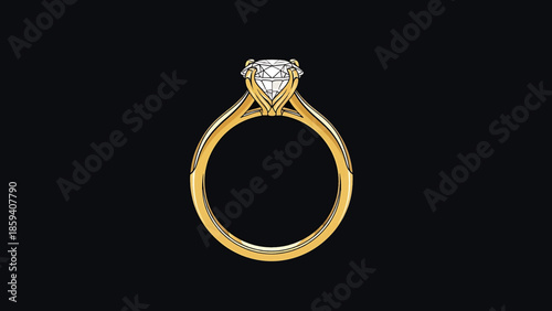 A golden ring with a diamond center on a black backdrop with white at the very bottom