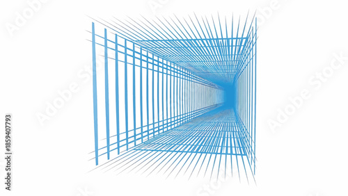 A geometric perspective illustration showing a rectangular corridor in shades of blue. Lines converge, creating depth, against a white background