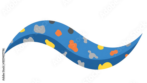 A flowing, stylized ribbon of blue adorned with various colorful abstract shapes. The design has a textured appearance and is on a white background