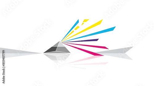 A geometric prism with multicolored beams emanating from it. A reflective surface with a gradient. The background is white