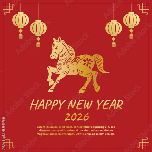 New Year 2026 Red Poster with Horse Zodiac