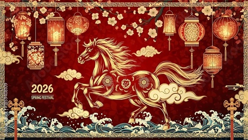 Wallpaper Mural Chinese new year 2026 spring festival celebration with golden horse, lanterns, and cherry blossoms on red background Torontodigital.ca