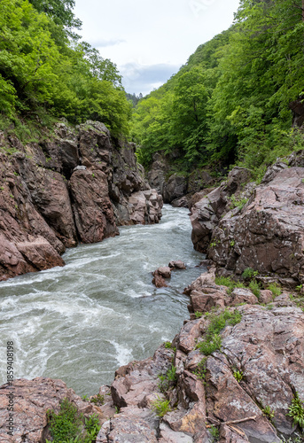 a mountain river with a rapid flow and an unusual stone bed and waterfalls in the summer