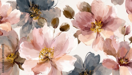 Watercolor floral arrangement featuring pastel pink and muted blue blooms on a cream backdrop